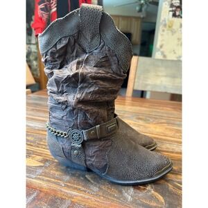 The Leather Collection Brown Slouch Western Boot Chain Metal Toe Boho 
Sz 8.5